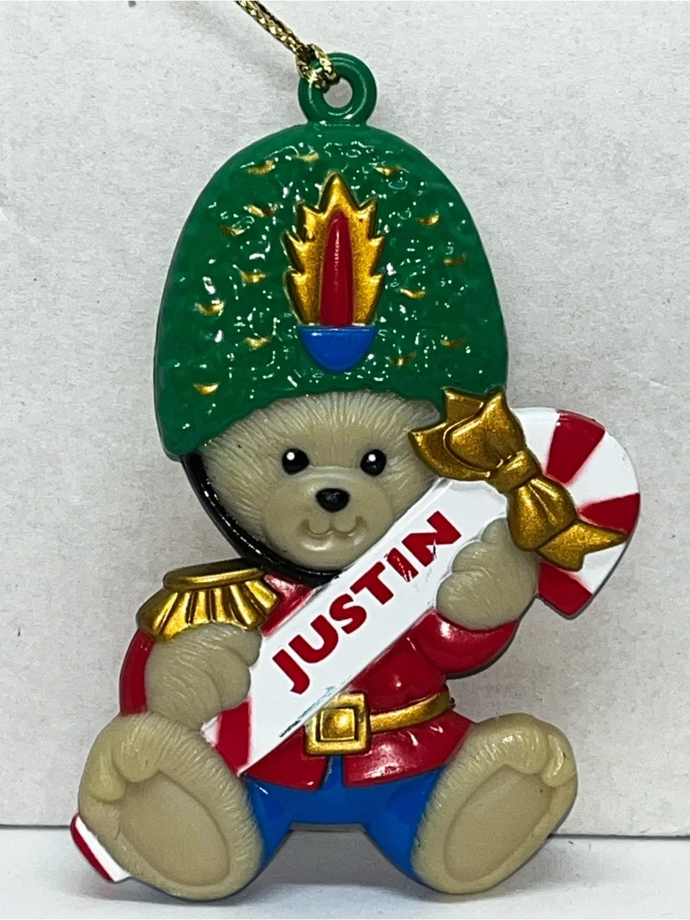 Vintage 1990’s Personalized British Teddy Soldier Ornament - Green Helmet, Red